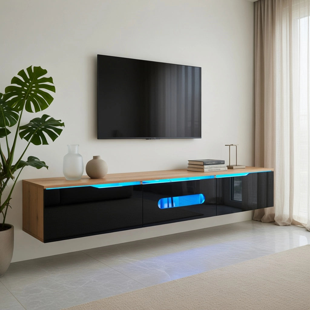 Credenza TV nera e legno 180 cm in MDF e truciolare