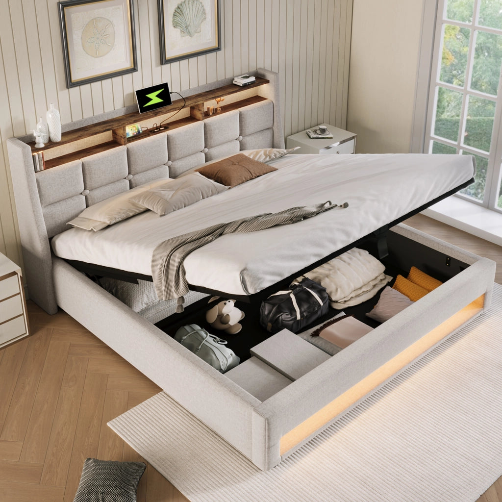 LETTO Imbottito 140x200 cm Beige con USB, LED e rete sollevabile