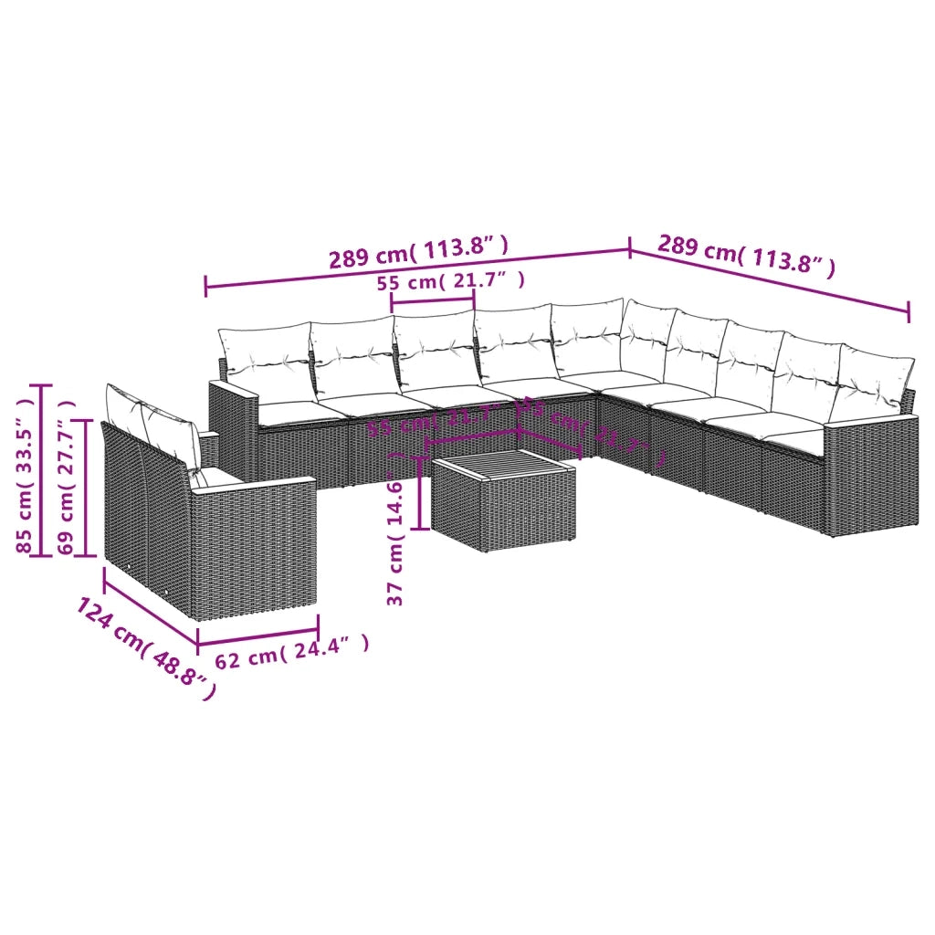 Set Divani da Giardino 12 pz con Cuscini Nero in Polyrattan
