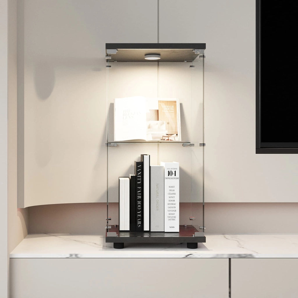 Vetrina in Vetro con LED e Serratura; Libreria a 2 Ripiani in Vetro Temperato per Soggiorno e Camera da Letto; 40;35x36;5x86;2 cm; Nero