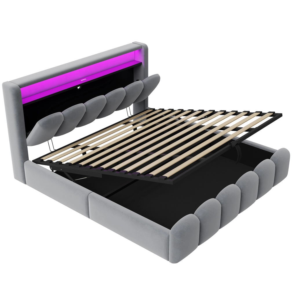 Letto imbottito matrimoniale 180x200 con contenitore, LED e porte USB/C