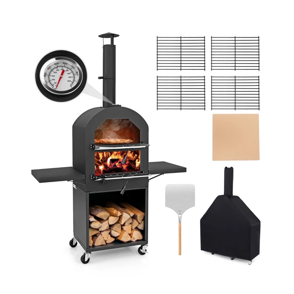 Forno portatile con ruote per BBQ termometro integrato e spazio di archiviazione, Forno per pizza con copertura protettiva Nero