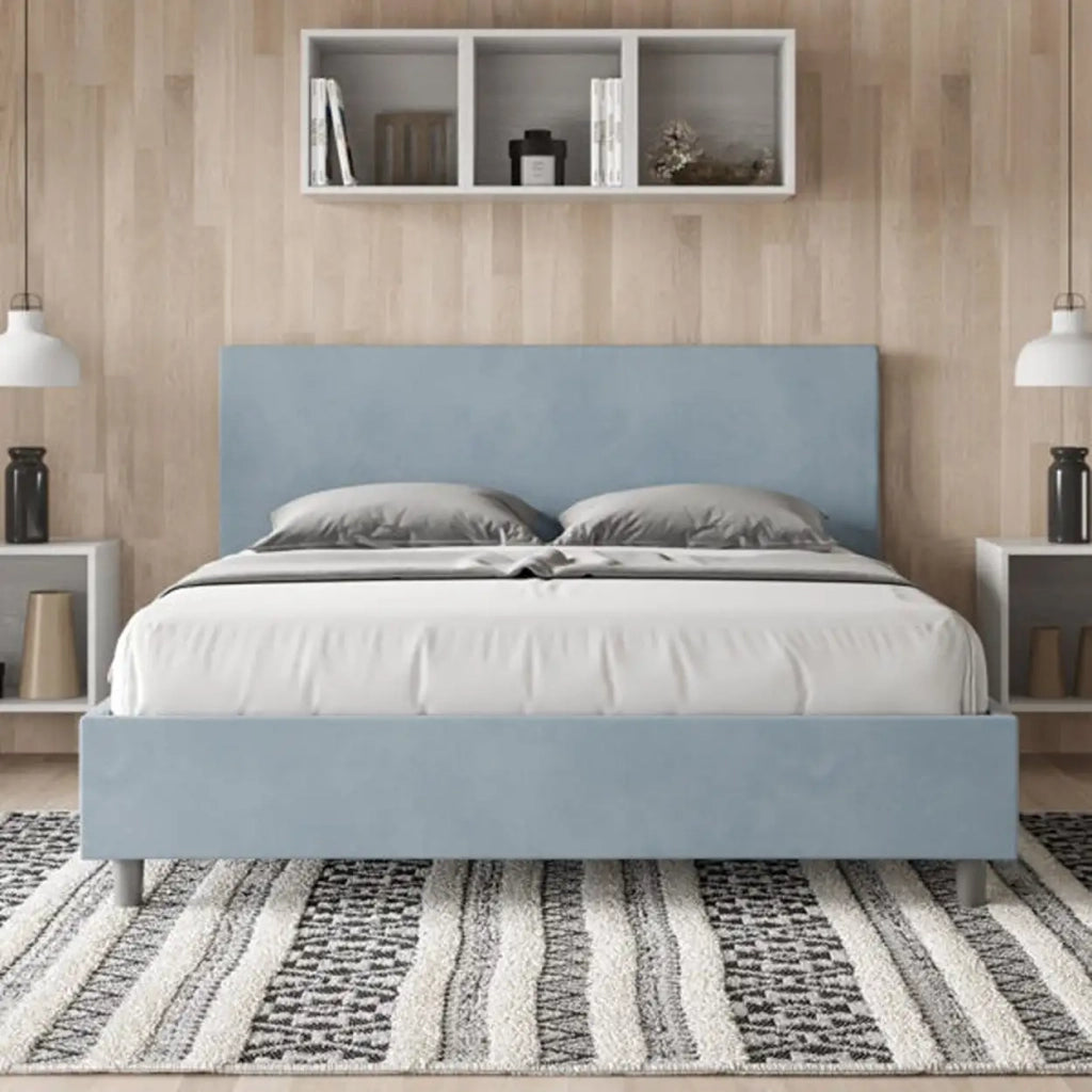 Letto matrimoniale contenitore imbottito 160x190 microfibra azzurro Adele
