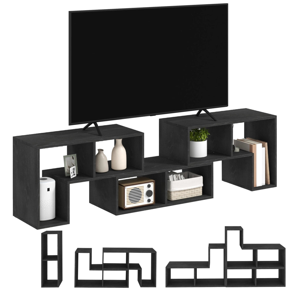 Mobile TV Modulabile 75" Max 134-180x30,5x44 cm con 2 Ripiani a L e Mensola Rettangolare in Legno Nero