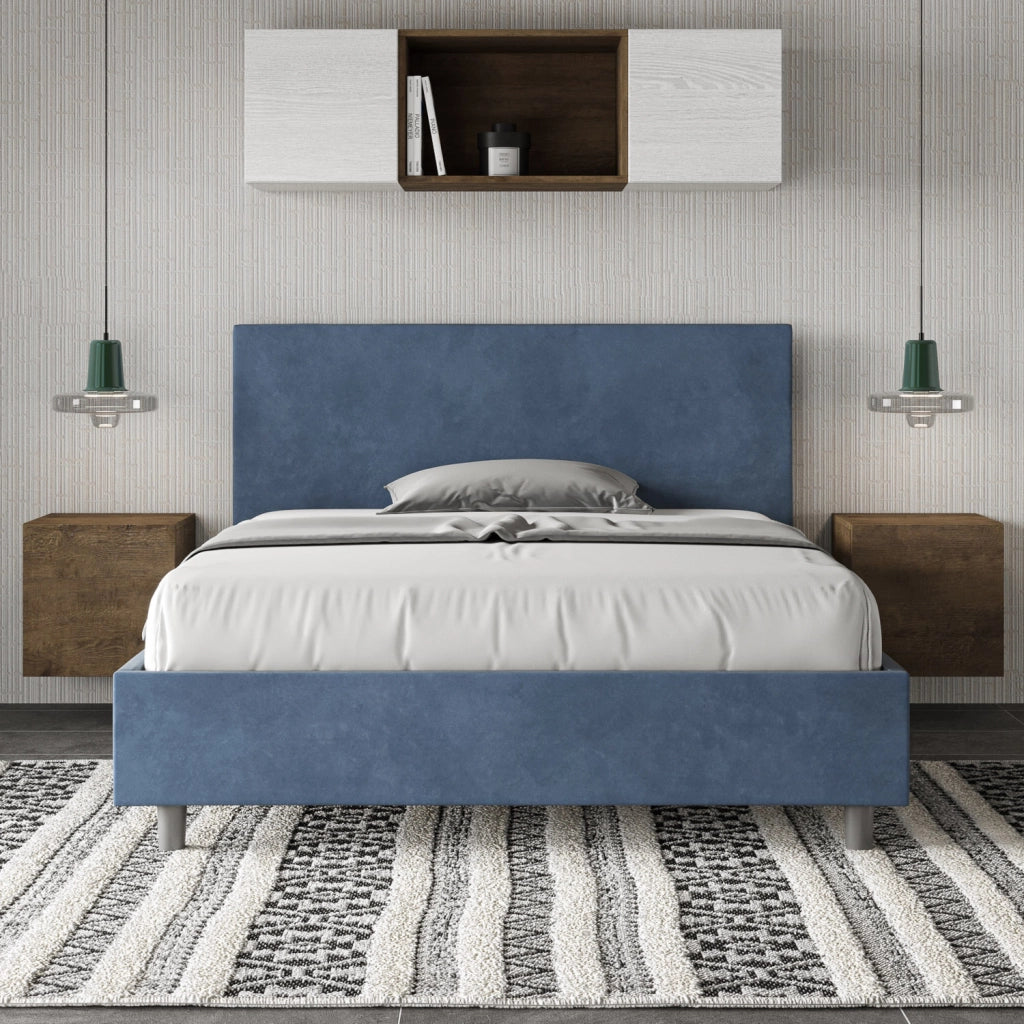 BS COM Letto una piazza e mezza con rete imbottito 130x190 microfibra blu