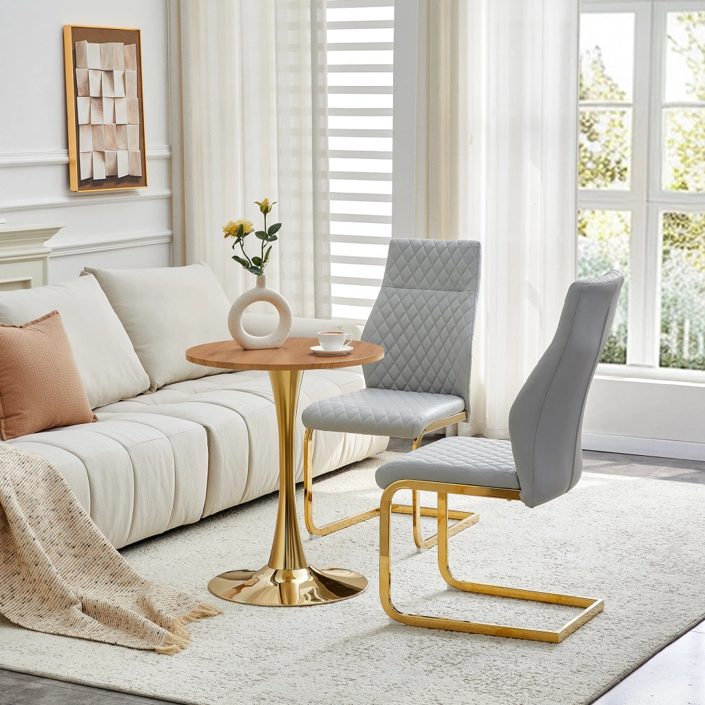 Set Tavolo Rotondo e 2 Sedie da Pranzo ¨C Xylo ¨C Piano MDF Effetto Legno, Gambe Oro, Tessuto Grigio Chiaro