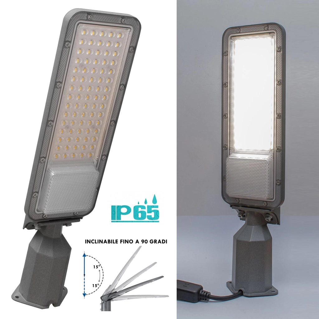 Faro armatura stradale IP65 LED 50W illuminazione pubblica viali parchi inclinabile 90 gradi luce naturale 4000K 230V