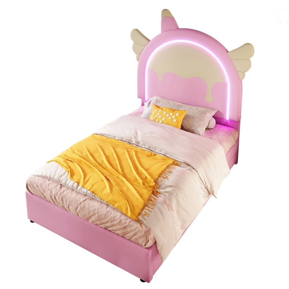 Letto Imbottito Singolo con Cassetti e LED ¨C MINIMAL ¨C Rosa, PU, 90x200
