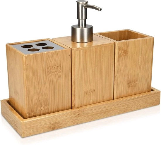 Set da bagno a 4 posti in bambù - bambù, impermeabile - 4 pezzi - naturale