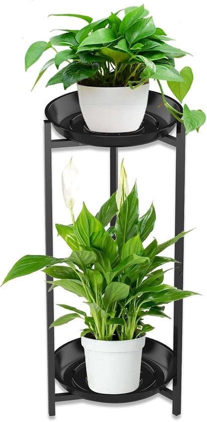 Stand per piante in metallo per interni - Adatto per balcone e giardino - 2 livelli - Nero