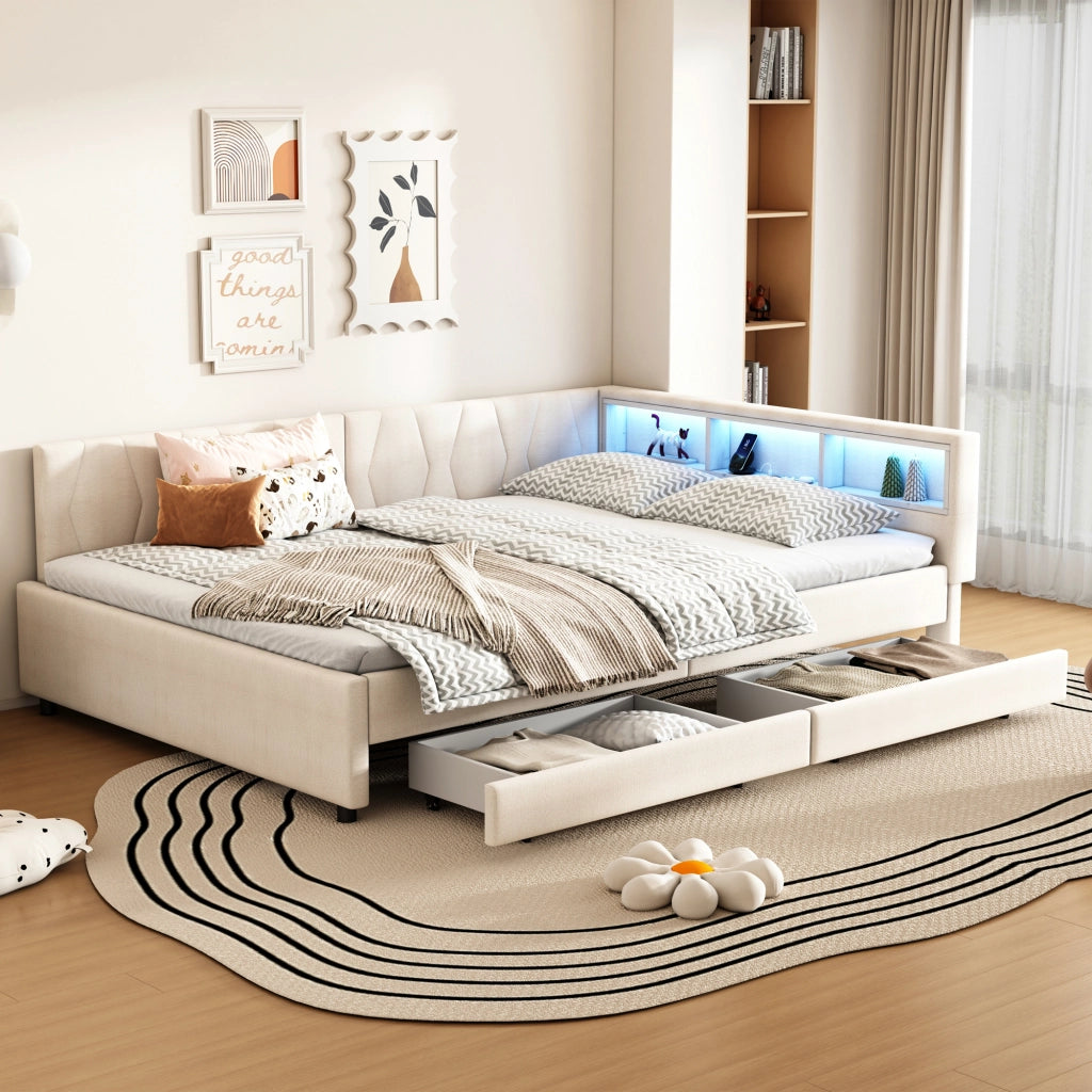 Letto Divano con Cassetti, LED e USB ¨C MINIMAL ¨C Tessuto Beige 140x200