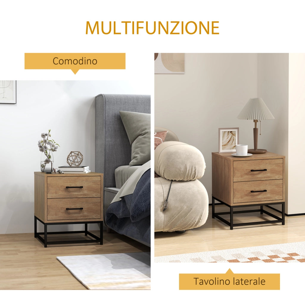 Comodino con 2 Cassetti Stile Industriale ¨C Minimal ¨C Legno e Acciaio