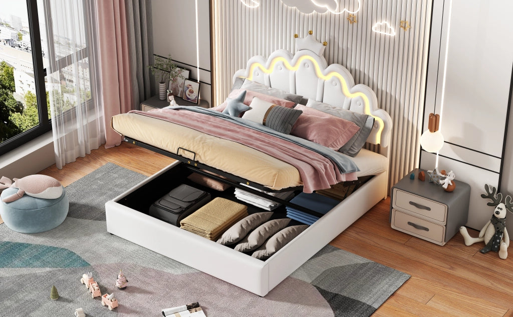 DESMIU Letto contenitore 140 × 200 cm 2 posti con LED regolabile e vano idraulico, senza materasso, PU bianco