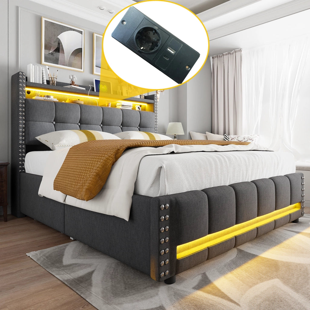 Letto matrimoniale imbottito 160x200 cm con LED, presa USB, testiera con ripiani e cassetti, tessuto effetto lino grigio