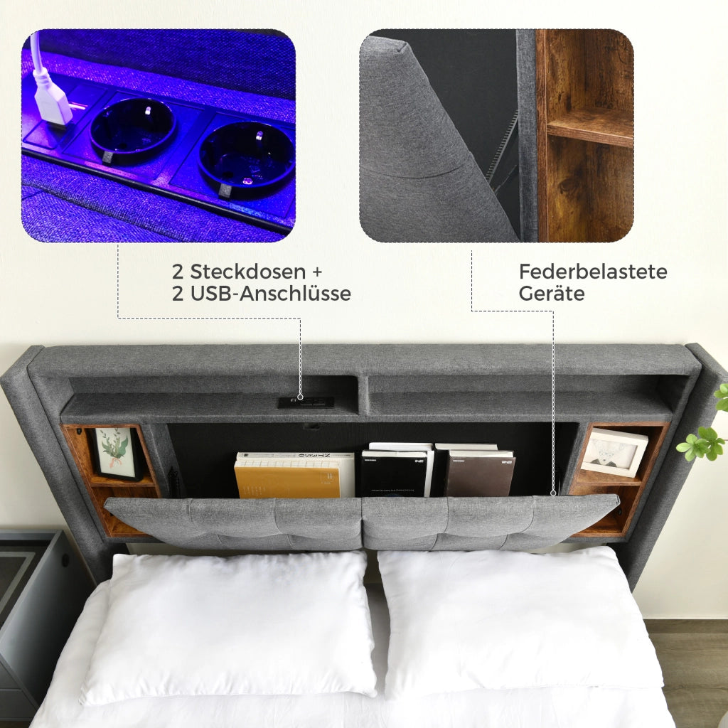 LETTO Matrimoniale 140x200 cm Grigio con testiera contenitore, LED e USB