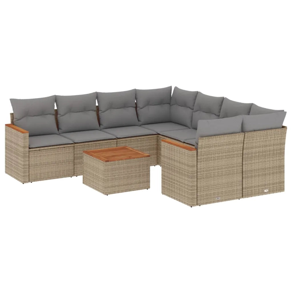 Set Divano da Giardino 9 pz con Cuscini Beige in Polyrattan