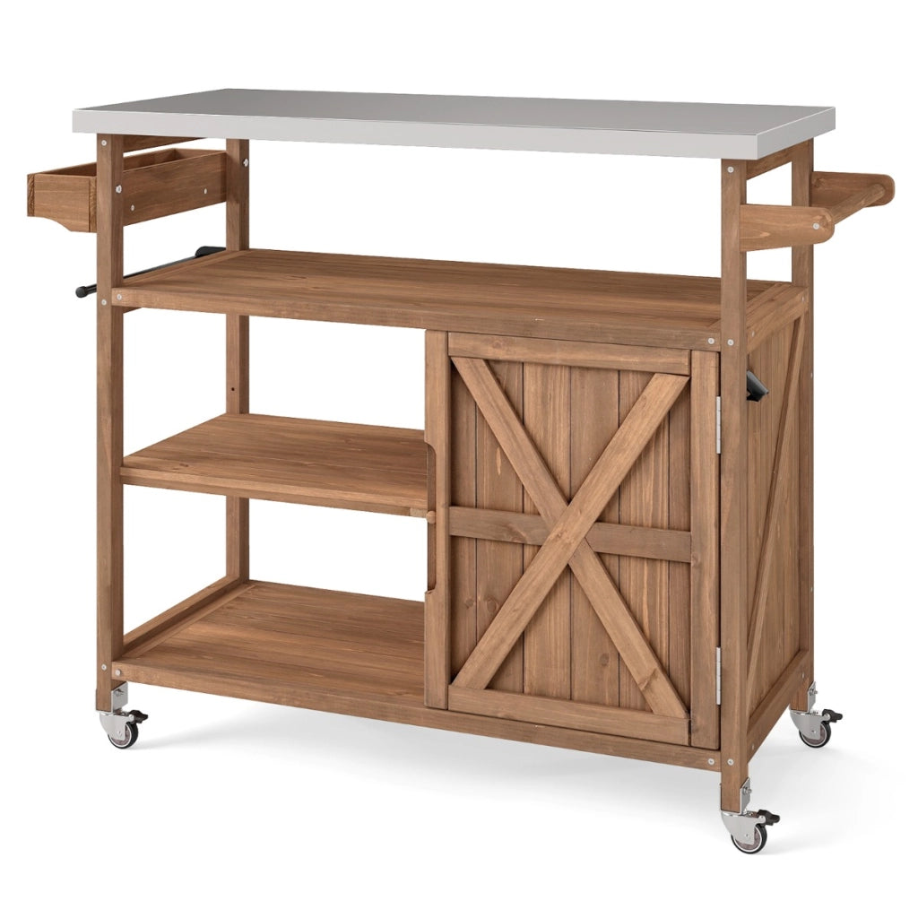 Carrello barbecue in legno con spazio di conservazione isola da cucina esterna, Carrello con 3 ripiani aperti e mobile