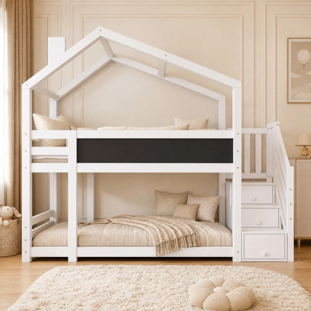 Letto a castello a casetta 90x200 cm con scala contenitore e lavagna