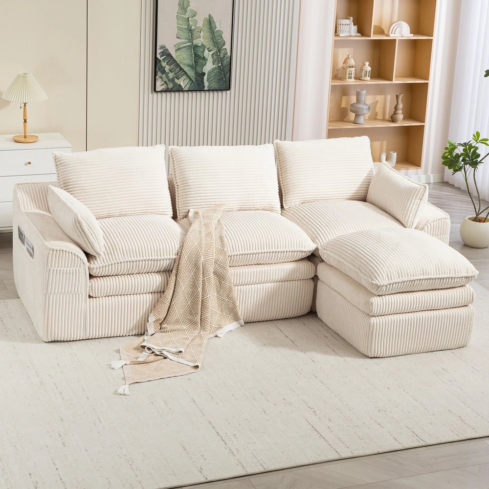 Divano modulare 3 posti con pouf - Zephmum - Beige - Cuscini e tasche laterali, schiuma a 3 strati