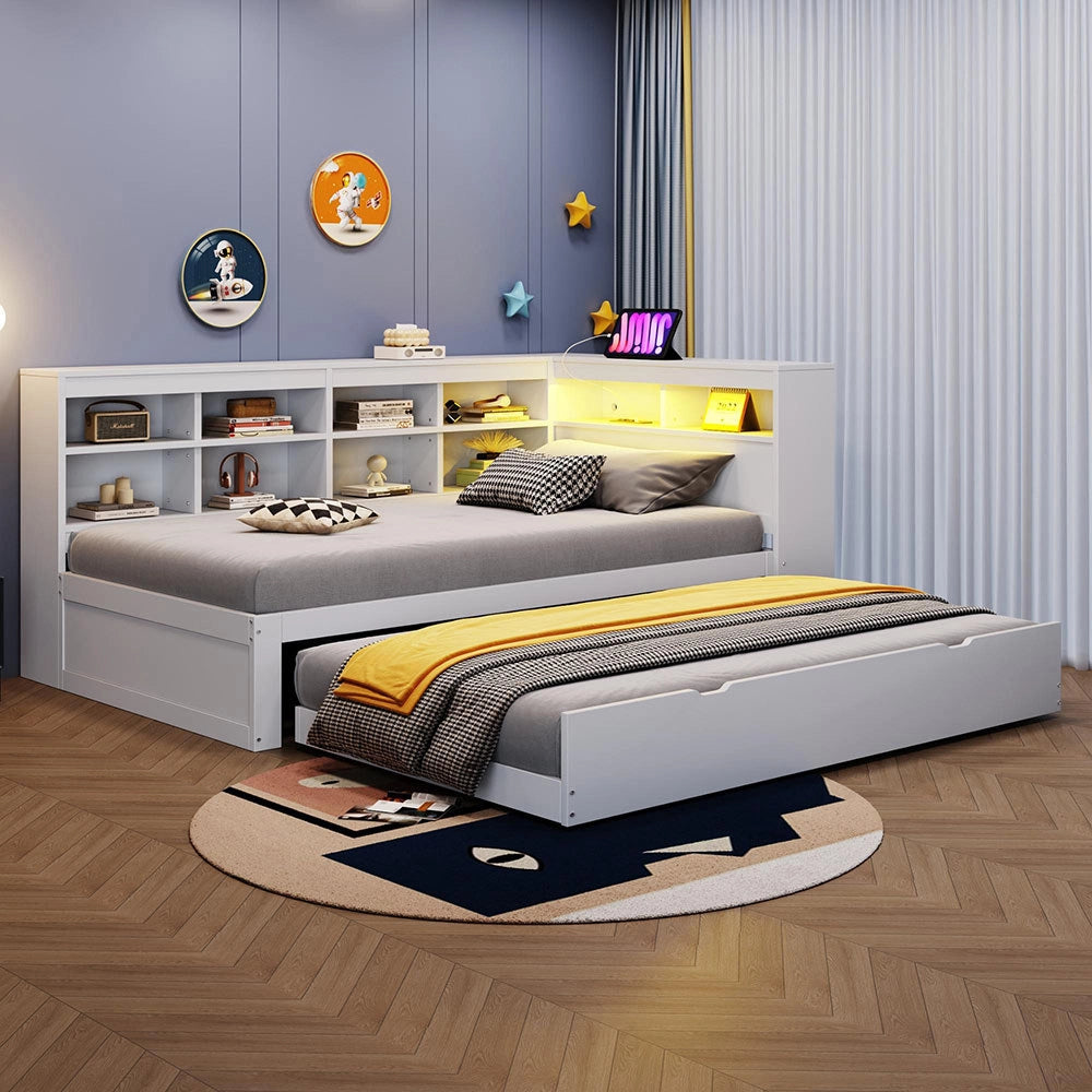 Divano in legno 90x200cm - Xylo - bianco, LED USB, scomparti, spazio