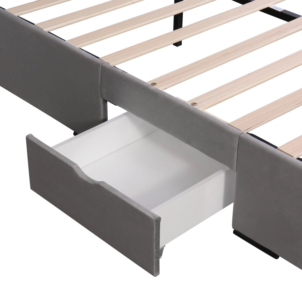 LETTO Imbottito 140x200 cm in velluto grigio con 4 cassetti