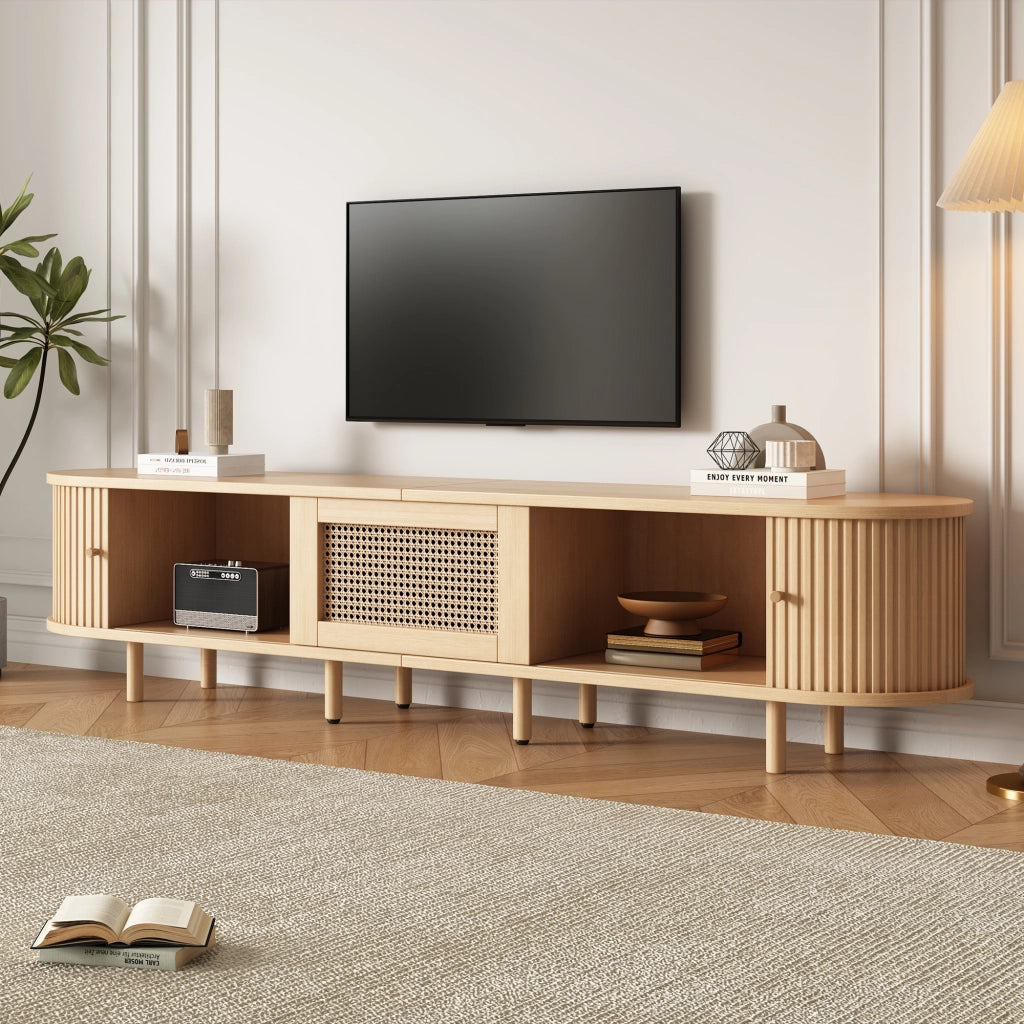 Mobile TV con 2 ante scorrevoli; cassetto e piano ovale in MDF naturale per soggiorno 180 × 40 × 40 cm