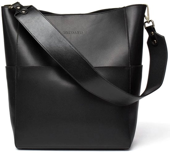Borsa da spalla per donna in pelle di pecora grande nera