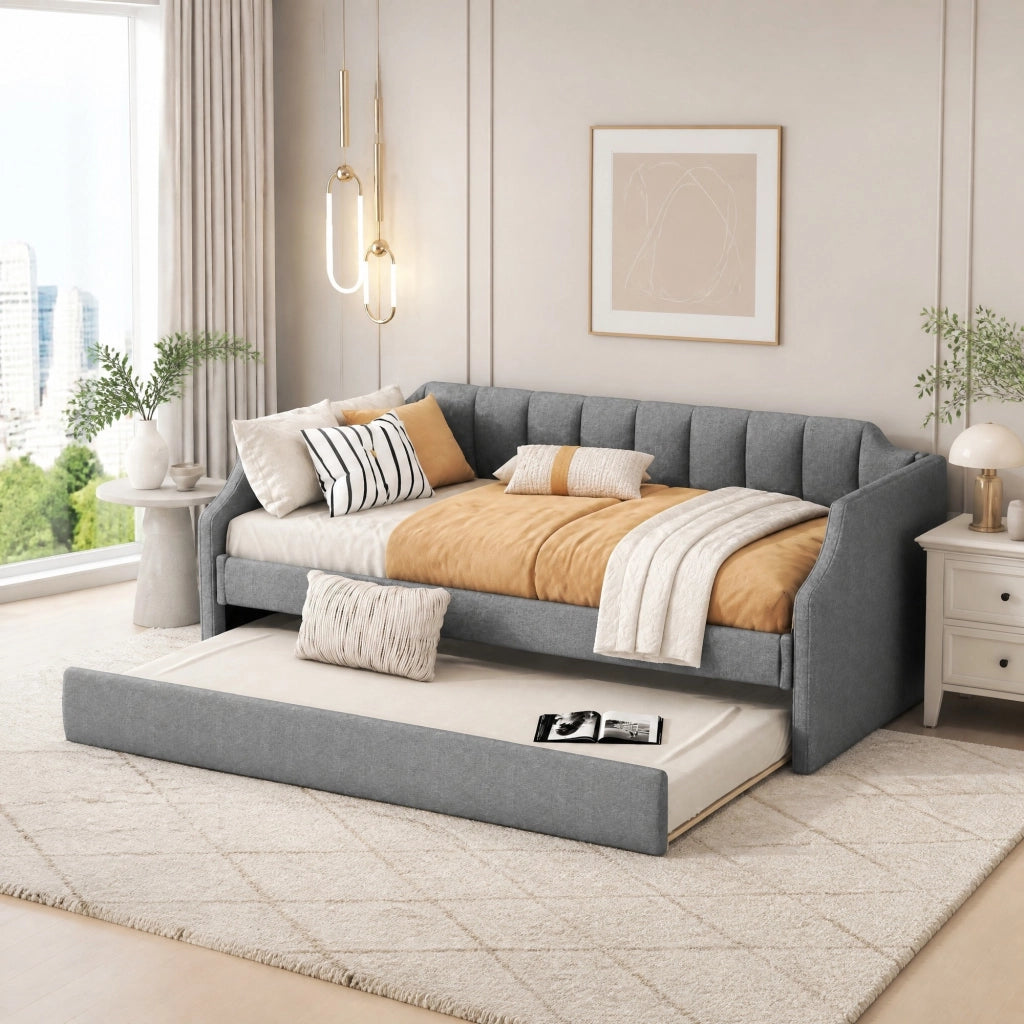 Letto daybed imbottito con letto estraibile 90 x 200 cm, grigio
