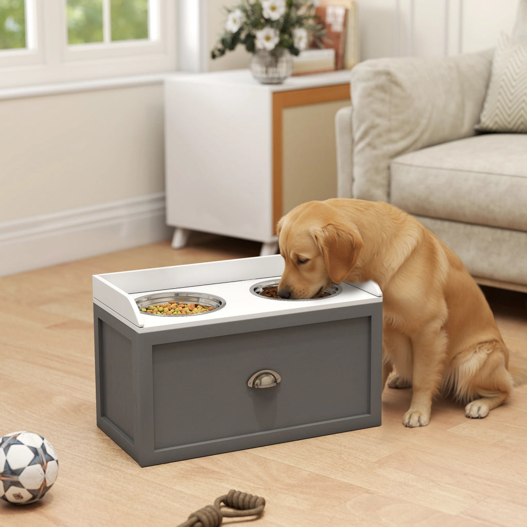 Porta Gamelle Elevato per Cani e Gatti ¨C Zephmum ¨C Bianco Grigio MDF Acciaio Inox