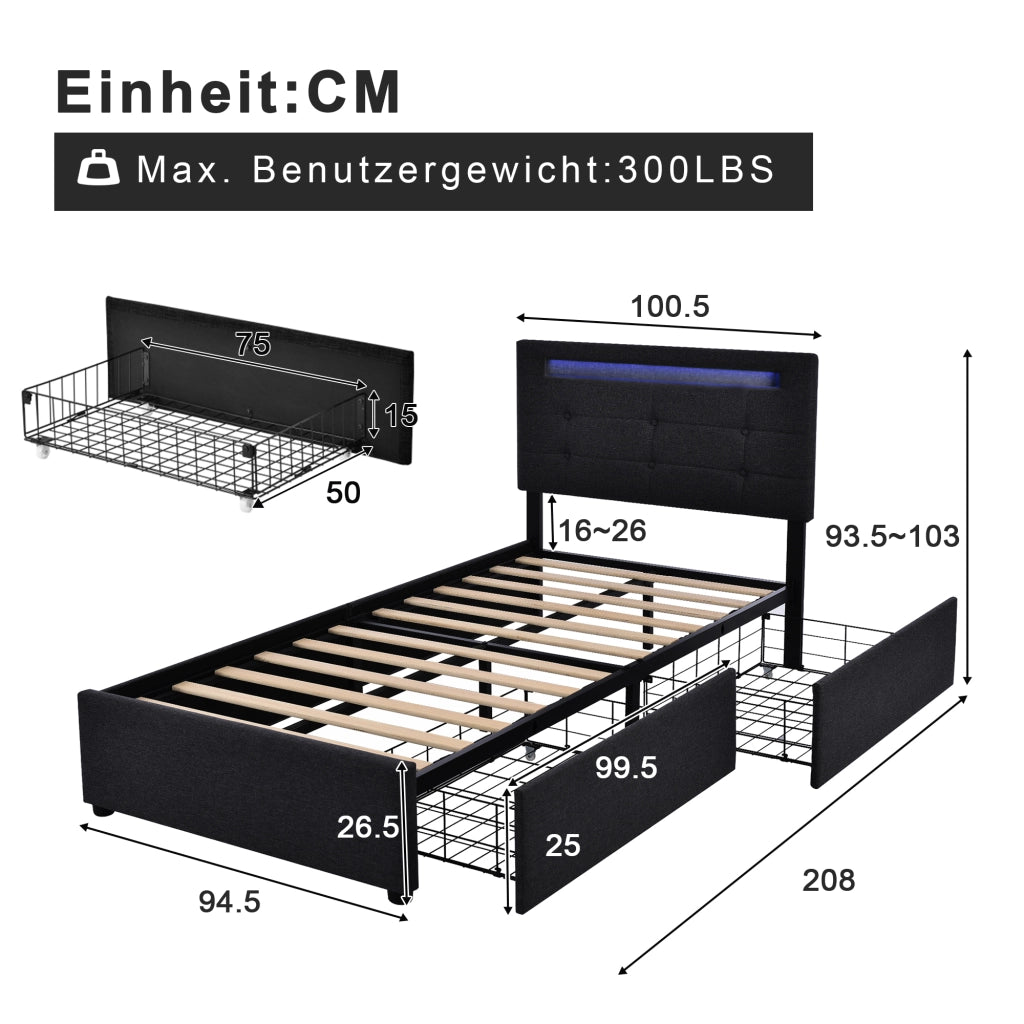 LETTO imbottito 90x200 cm con LED, 2 cassetti, nero