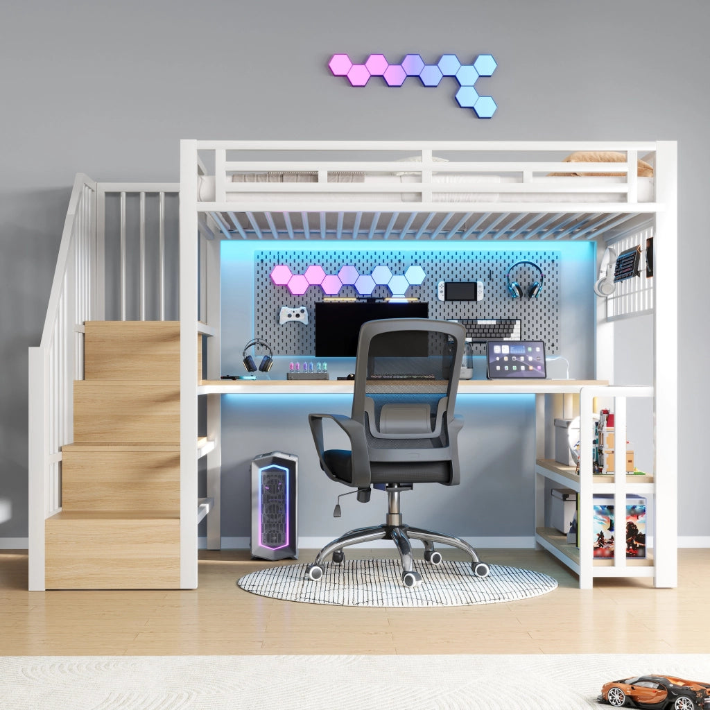 Letto a soppalco con scrivania e LED - Zephmum- 90x200 cm, Bianco, con USB e ripostiglio
