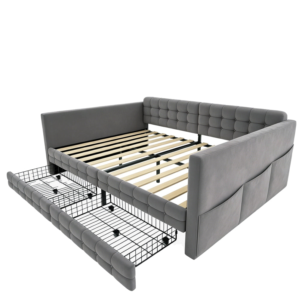 LETTO imbottito 140x190 cm grigio con cassetti e tasche laterali