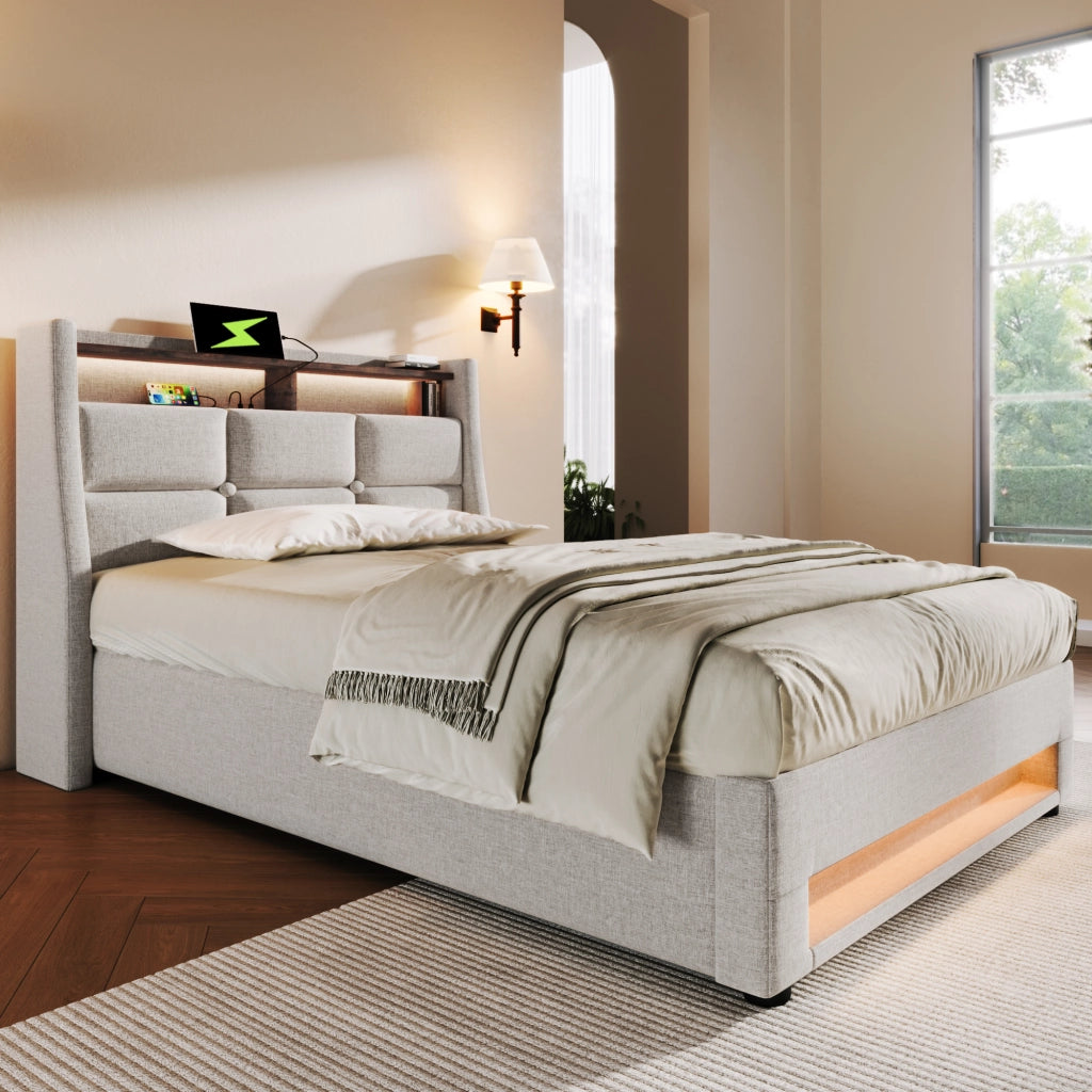LETTO imbottito 90x200 cm in lino beige con USB e LED