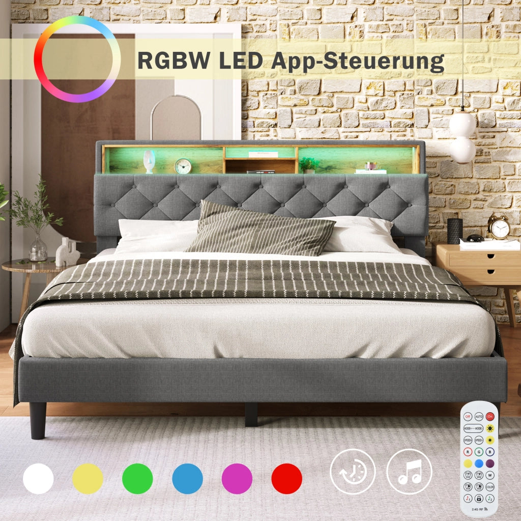 LETTO imbottito 140x200 cm Grigio con testiera contenitore e LED