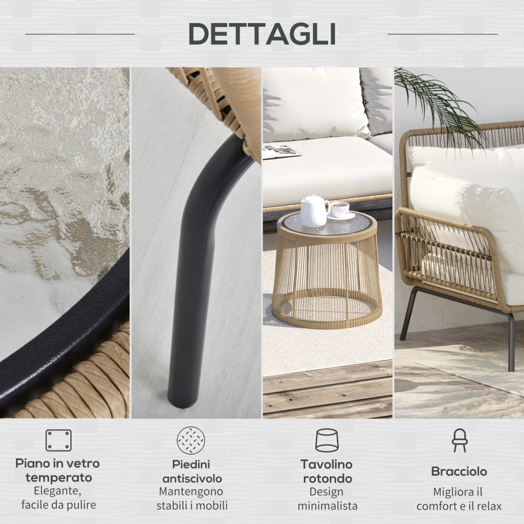 EasyComfort Set da Giardino in Rattan Stile Boho Chic con Divano Angolare e e Tavolino, Crema e Caffè