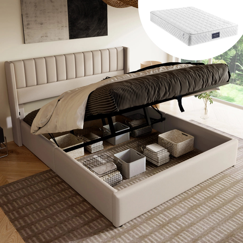 LETTO Contenitore idraulico 160x200 cm in lino Beige