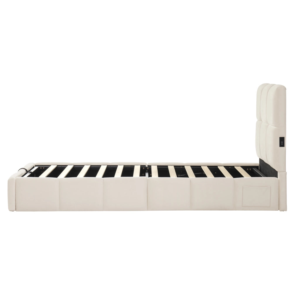 Letto imbottito 90 x 200 cm, letto per bambini, con vano portaoggetti, presa di ricarica USB, velluto, beige
