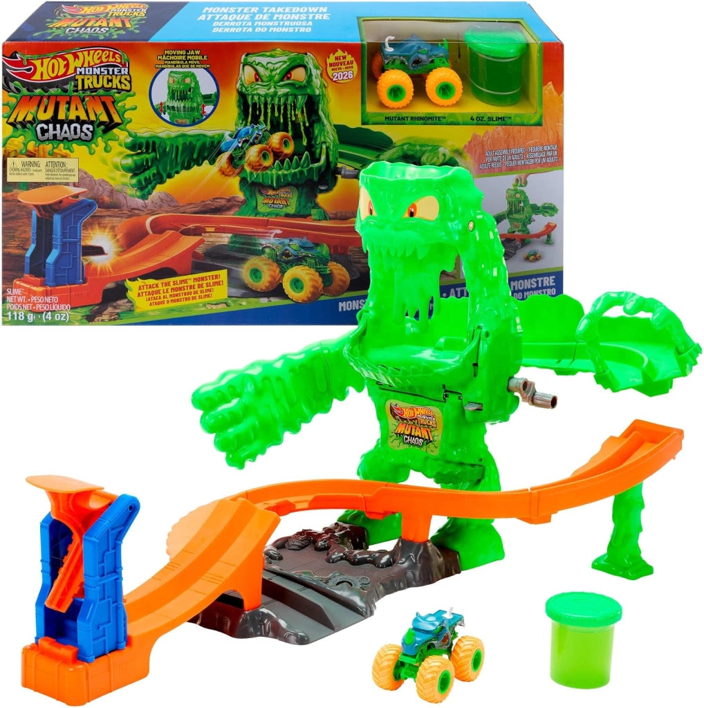 Hot Wheels Monster Trucks - Sfida al Mostro Mutante, set pista con veicolo Mutant Rhinomite in scala 1:64 e Slime riutil
