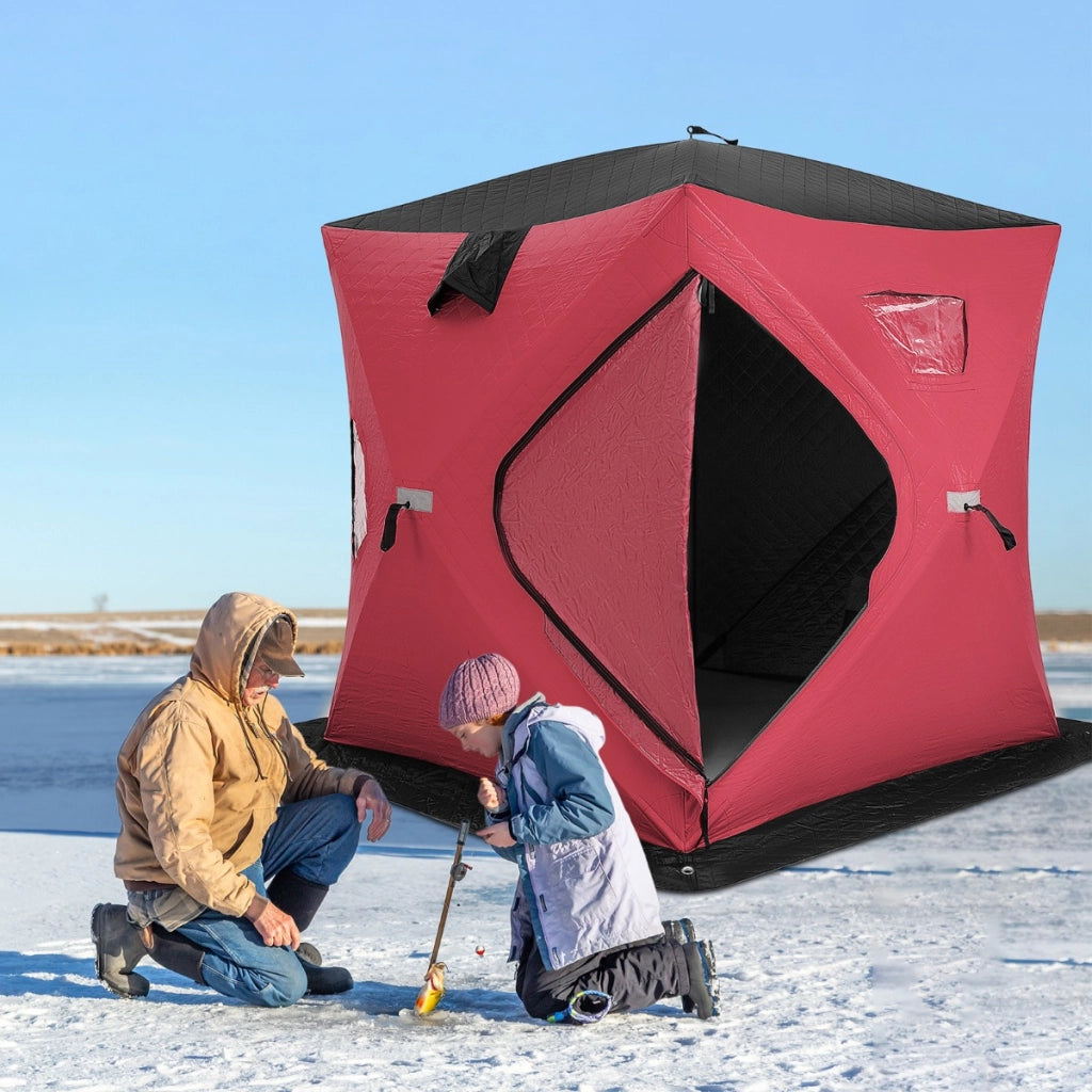 Tenda da pesca sul ghiaccio pieghevole capanno 2 persone pareti cotone, Tenda da pesca sul ghiaccio con porta e cerniera Rosso-Tende