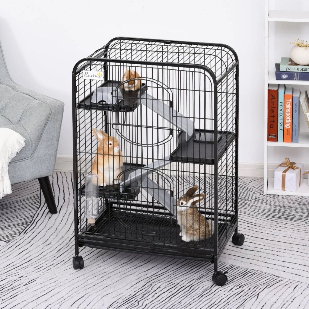 EasyComfort Gabbia per Piccoli Animali e Piccoli Roditori con Ruote, Gabbietta per Conigli e Cincillà con 3 Rampe e 3 Piattaforme, Ciotola e Bottiglia, 61.5x44x95 cm, Nero