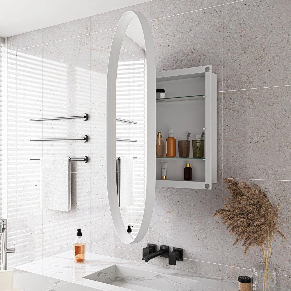 Armadietto Specchio Ovale da Bagno con Ripiani Regolabili ¨C MINIMAL ¨C Bianco