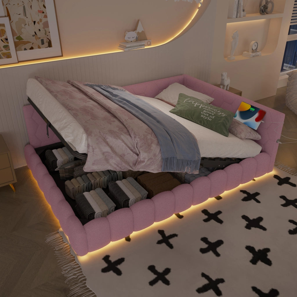 Daybed 140x200 cm con rete a doghe, contenitore idraulico, LED, USB e Type-C, rosa
