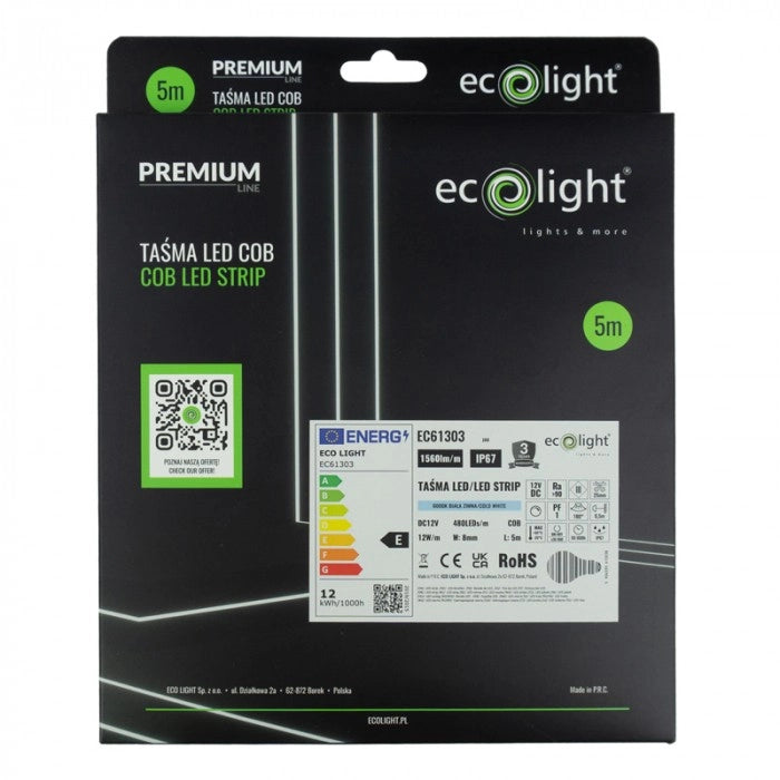 Striscia LED COB 480 12V 12W/m 6000K IP67 5m Ecolight