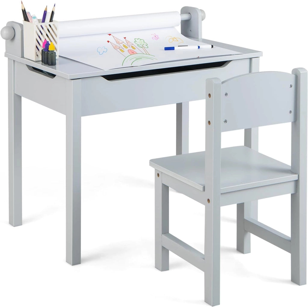 Set Tavolo e Sedia d’Arte per Bambini 3+ Anni, Scrivania in Legno di Pino da Disegno con Portarotolo, Piano Ribaltabile & Vano Portaoggetti, Rotolo di Carta (10m) e 2 Pennarelli (Grigio)