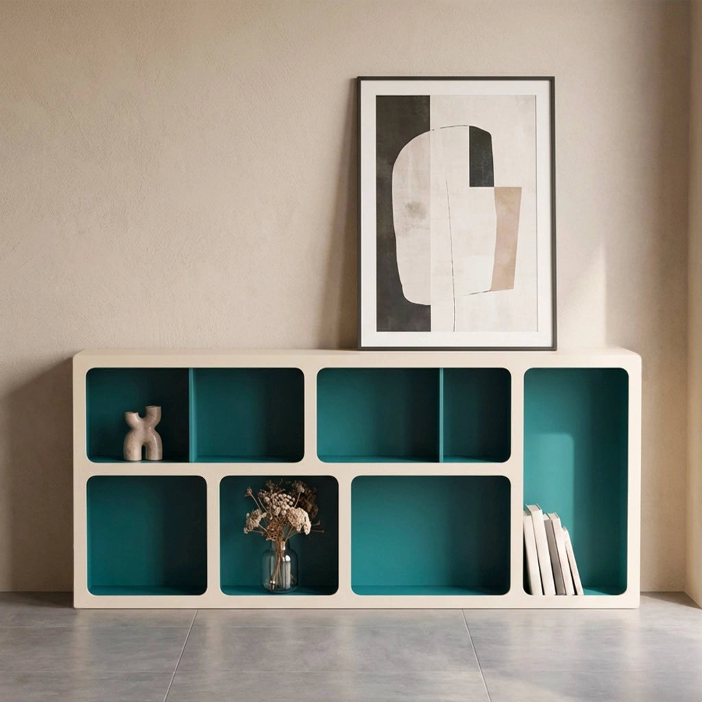 Libreria organica in legno bicolore con 8 scomparti, blu