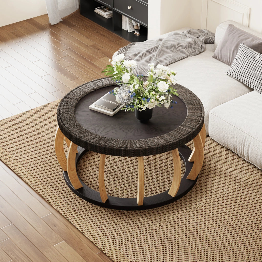 Tavolino da Caff¨¨ Rotondo in Legno Massello e Rattan ¨C Xylo ¨C Gambe Curve, Marrone Nero