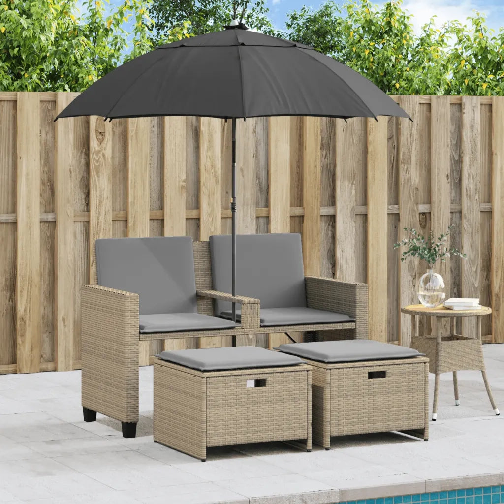 Divano Giardino 2Posti Ombrellone e Sgabelli Beige Polyrattan 365887