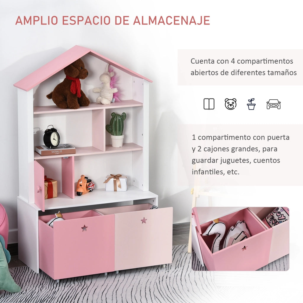 Libreria per Bambini con 4 Ripiani, 1 Anta e 2 Cassetti ¨C Minimal ¨C 80x34x130 cm Rosa e Bianco