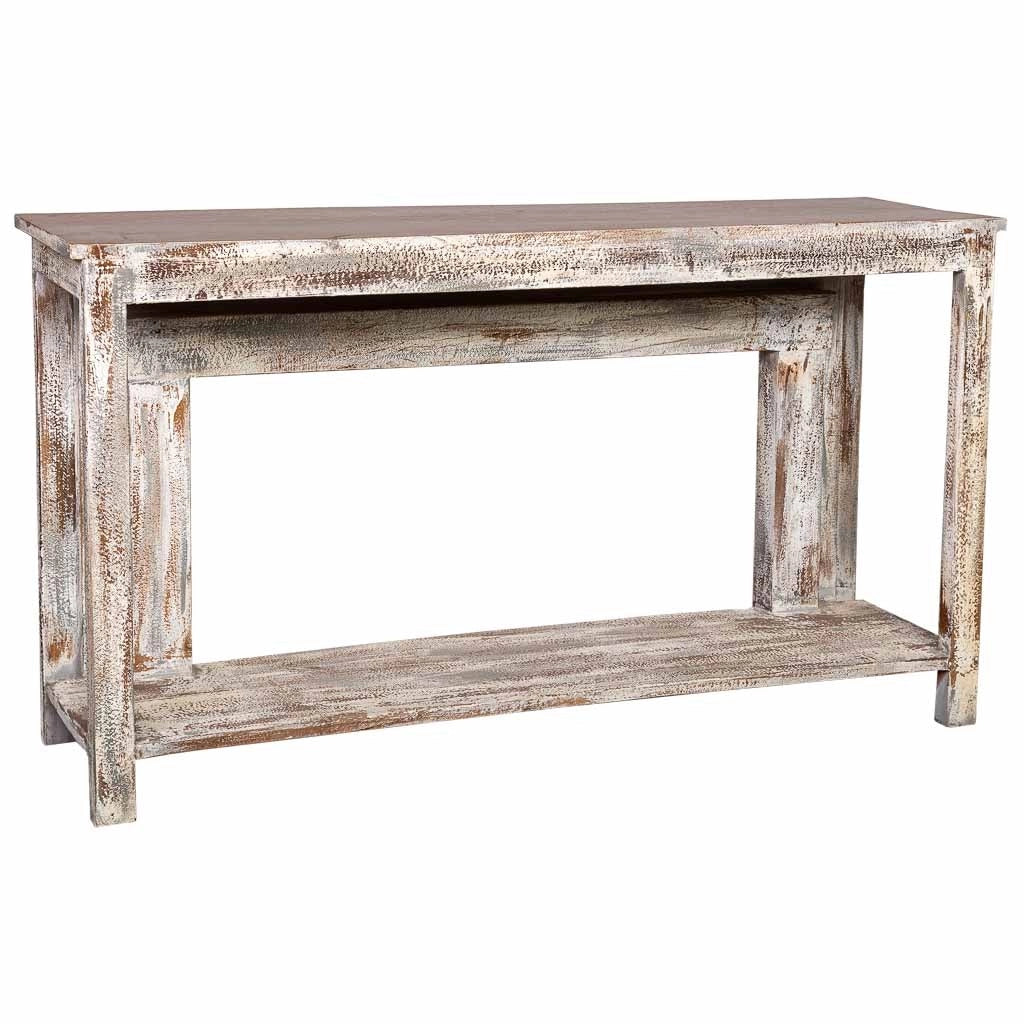 Mobile da ingresso in legno intagliato con finitura marrone invecchiato fatto a mano 160x39x86