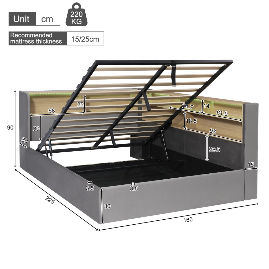 LETTO 140x200 cm con contenitore idraulico, velluto grigio
